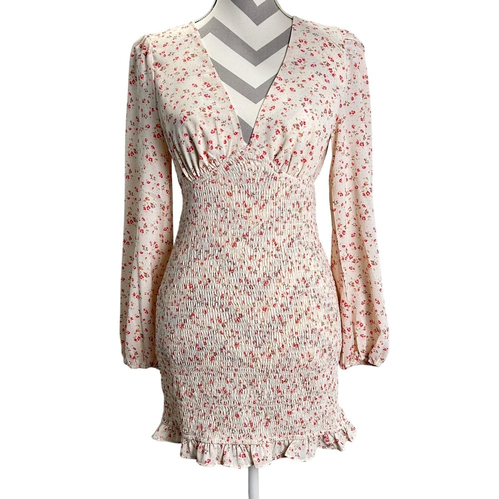 Princess Polly Floral Mini Dress Smocked Long Sleeve V Neck Ruffle Hem US‎ 6